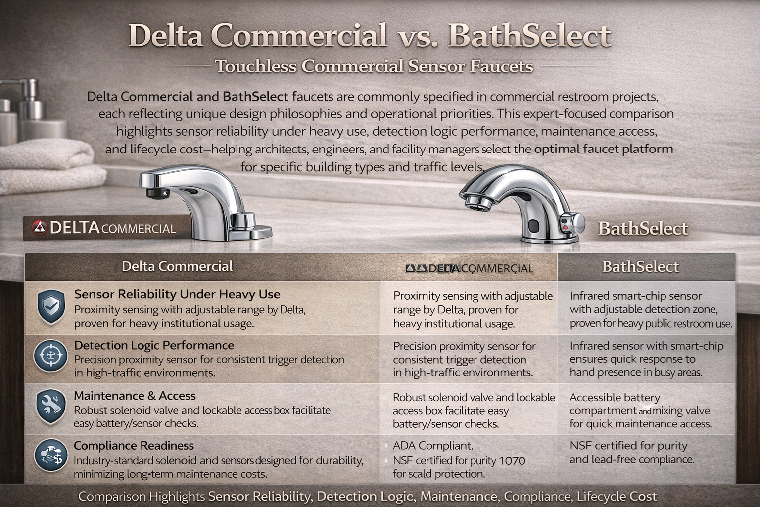 Delta Commercial vs BathSelect Touchless Commercial Sensor Faucet Comparison